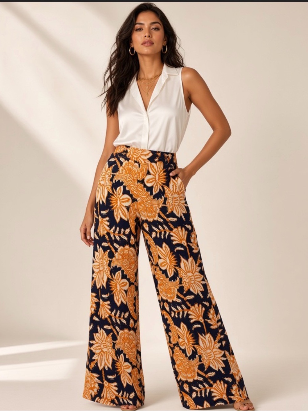 Christian Siriano Navy Wide-Leg Pants with Orange Floral Print